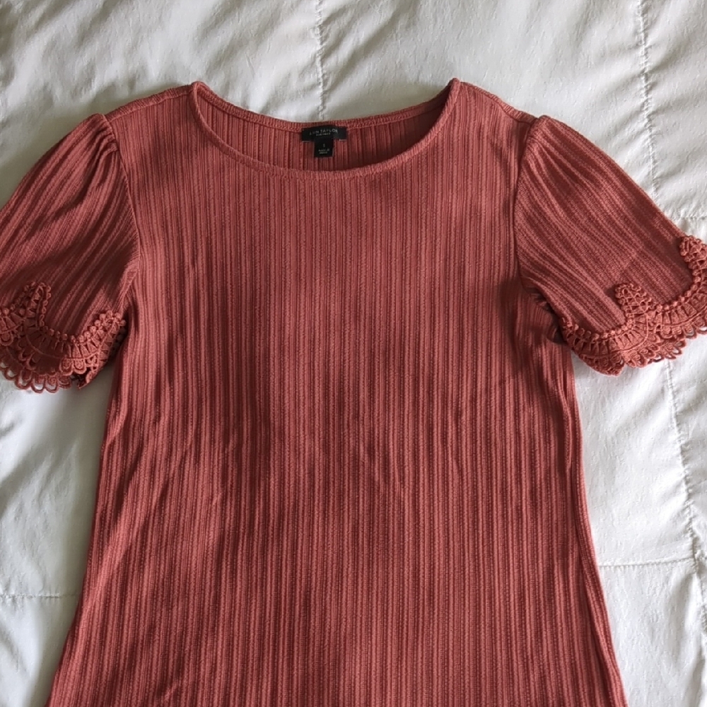 Ann Taylor Factory Rust Blouse with Crochet Sleeves